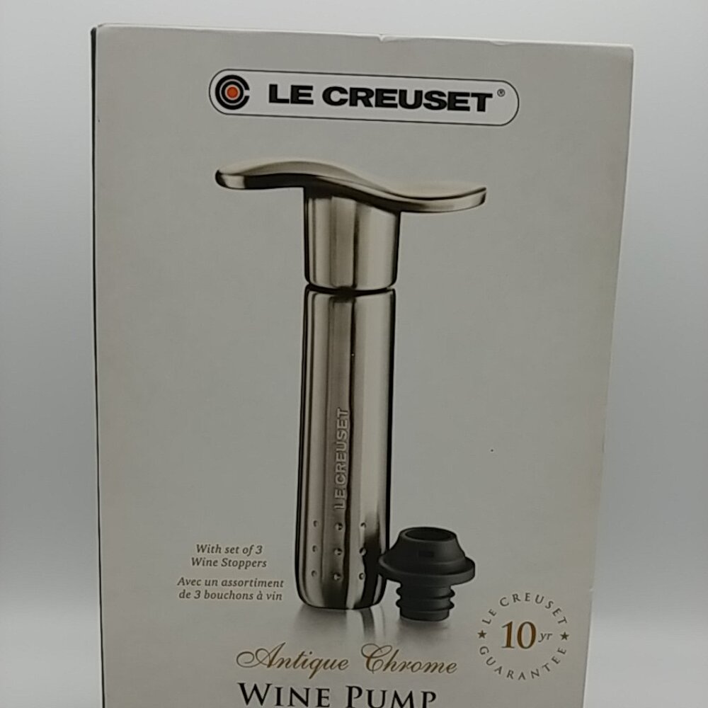 Le Creuset Antique Chrome Wine Pump with 3 Rubber Wine Stoppers NEW